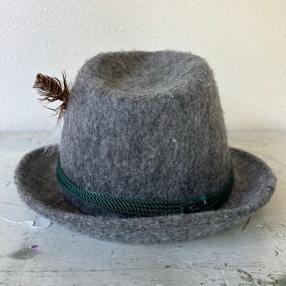 Bavarian Octoberfest Tyrolean German wool felt fedora hat Alpine gray feather - Picture 6 of 10
